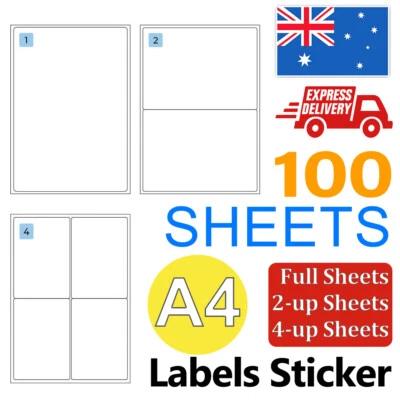 A4 Self Adhesive Address Labels Paper Mailing Sticker 1-4 Up 100 Sheets Printer - image 1 of 4