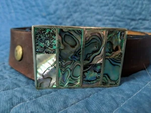 Leather Belt w/ Abalone Inlay Silver Belt Buckle 45" inches Vintage Handcrafted - Picture 1 of 12