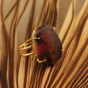 Natural Ruby Zoisite Double Layer Ring Gold Plated Prong Set Adjustable Ring - Picture 1 of 3
