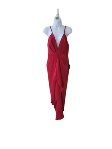 Abito midi donna nuovo LULU'S M rosso catturato sensazioni raso con volant - Foto 1 di 14