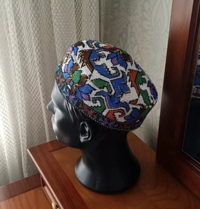 Hand embroidered skull-cap hat/24"/61 cm/Boho ethnic cap/Uzbek muslim kufi hat - Picture 1 of 7