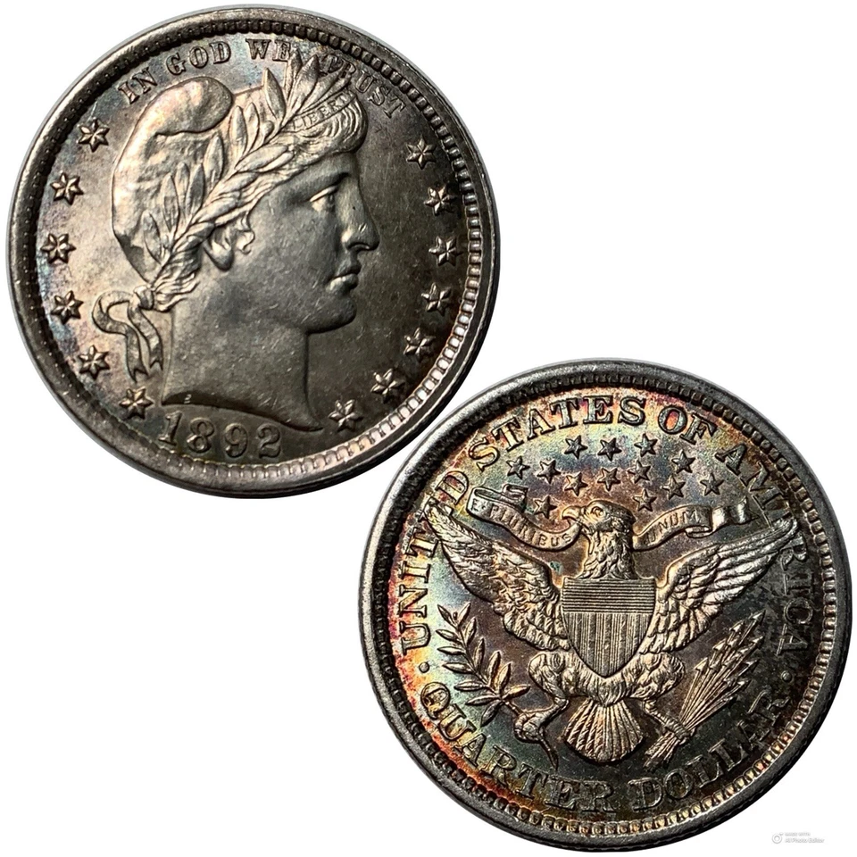1892 Barber Quarter UNC Gem Rainbow Toned Reverse 25c Silver - Image 1 of 1