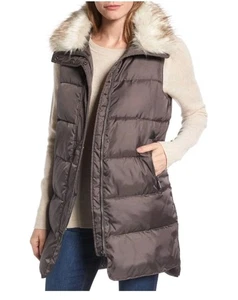 Sam Edelman Faux Fur Trim Puffer Vest Nordstrom Womens Puffer, Dark Brown Size L - Picture 1 of 11