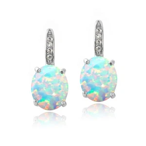 925 Silver Created Opal & Diamond Accent Oval Leverback Earrings - Picture 1 of 3