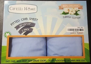2 Pk Fitted Crib Sheet Blue Orig Package by Cifelli Home 100% Organic Cotton - Picture 1 of 2
