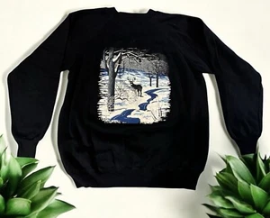 90s Hanes Deer Sweatshirt black pullover crewneck Wildlife vintage Slouchy XL - Picture 1 of 7