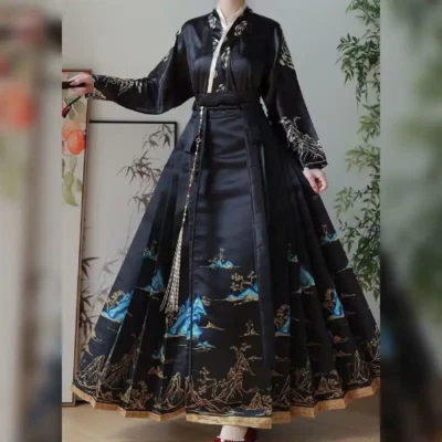 2pcs Set Hanfu Horse Face Skirt Office Long Sleeve Shirt+Skirt Chinese Hanfu Set - Image 1 of 4