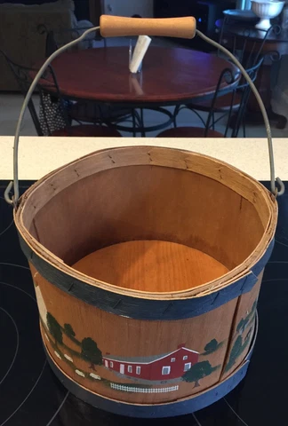 Shaker Style Wood Basket Hand Crafted Painted Scenes Of Pleasant Hill Ky Signed Cover