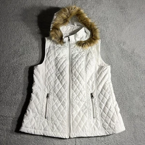 Black Rivet Puffer Vest Womens XL White Quilted Faux Fur Hooded Lined Pockets - Picture 1 of 7