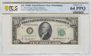 $10 1950A FEDERAL RESERVE NOTE Fr.2011-A PCGS CHOICE UNC 64 PPQ - Picture 1 of 2