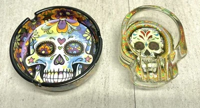 2 Glass 1 Glow In The Dark Day Of The Dead Sugar Skull Ashtray Cool Smoke Cigs - Image 1 of 4