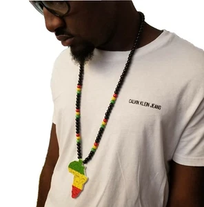 Africa Wooden Pendant Necklace Beads Chain African Map Continent Wood Long Rasta - Picture 1 of 2