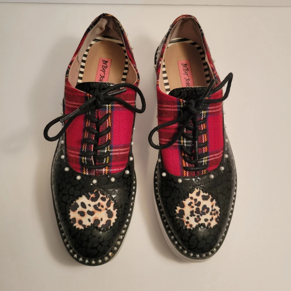 Betsey Johnsons Plaid Cheetah Studded Oxfords Shoes Size 7.5 - Image 1 of 4