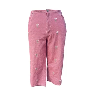 Quacker Factory Seersucker Embroidered Daisy Gingham Capris Cropped Pants Wms L - Picture 1 of 5