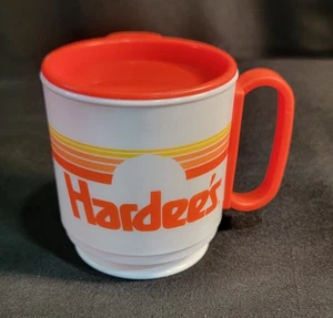 Taza de viaje Whirley Industries Hardee's comida rápida blanca naranja sol años 80 de colección con tapa - Imagen 1 de 12
