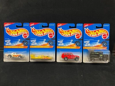 Hot Wheels HW MOC BLUE CARD 1996 FLAMETHROWER SERIES FULL 4 CAR SET T BIRD RANGE - Image 1 of 4