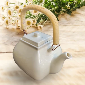 Pottery Barn Asian Square Off-White Ceramic Teapot Woven Handle 48 oz Japan READ - Picture 1 of 11