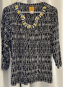 Ruby Rd Shirt Womens Large PL Black White Neck Embellished Stretch Blouse Goth - Imagen 1 de 15