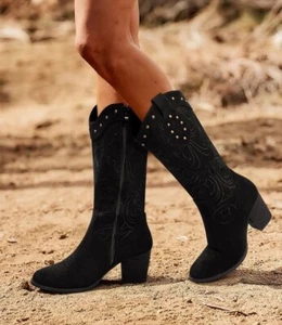 Women Cowboy Cowgirl Black Western Boots Pointed Toe Pull On Zip MidCalf Size 10 - Picture 1 of 6