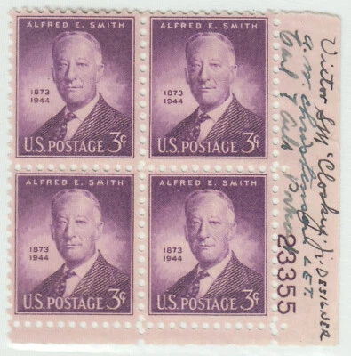 US Stamps Scott #937 Alfred Smith Plate Block with 3 Signatures NH - Image 1 of 2