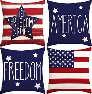 4Th of July Pillow Covers 18X18 Inch,Set of 4 Patriotic Red White Blue Summer Ou - Picture 1 of 12