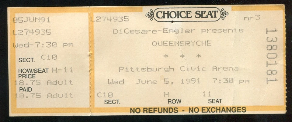 Vintage 1991 Queensryche Suicidal Tendencies Concert Ticket Stub Burgettstown PA - Image 1 of 1