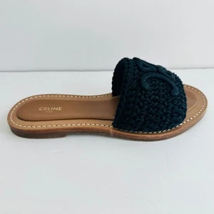 Celine Lympia Mule Size 6 Triomphe Black Maccrame Cotton Calfskin Leather Sandal - Picture 1 of 8