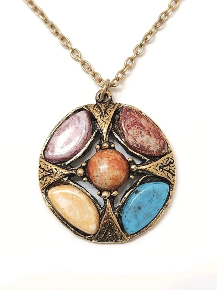 Nuevo Collar Cadena Oro 24" Colgante Estilo Celta Piedras Preciosas Turquesa Jaspe 1928 Foto 1 de 4