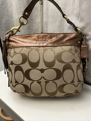 Bolso Hobo Bolso Cartera Bolso de Mano Vintage Y2K COACH Marrón Firma Jacquard Cuero Metálico Foto 1 de 4