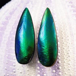 Drop Earring Pair Handmade Green Jewel Beetle Wings & Mother-of-Pearl 2.20g - Picture 1 of 13