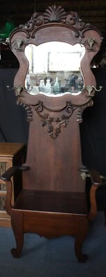 Hall Tree Bench-Carvings-Lift Up Storage- Umbrella Holder. Mirror. Oak. Antique - Image 1 of 4