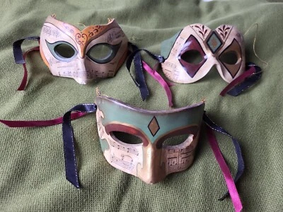 Paper Mache Masquerade Mardi Gras Party Face Musical Mask Venetian x3 - Image 1 of 4