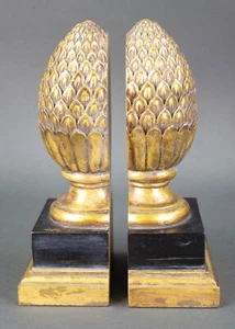 Pair Of Carved Wood Pineapple Bookends Gold & Black Set Of 2 - Picture 1 of 6