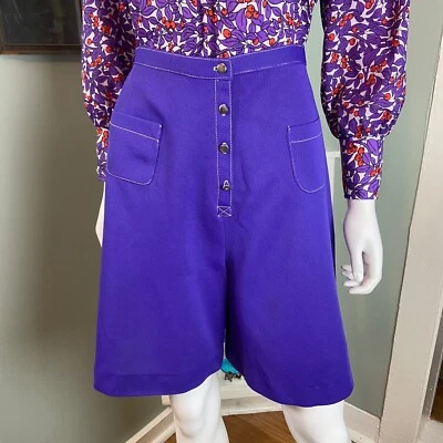 Vintage 60s 70s Purple Wide Flared Polyester Mod Shorts 28"/M Medium High Waist - Image 1 of 4