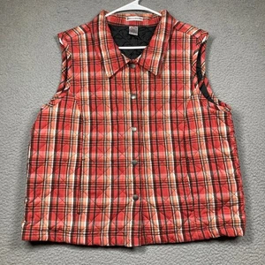 Rebecca Malone Vest Womens Large Orange-Red Plaid Quilted Snap Front Lined - Picture 1 of 10