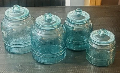 VTG The Pioneer Woman Cassie Teal Embossed Glass Canister 4-Piece Set RETIRED - Image 1 of 4