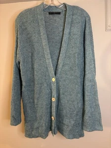 PERUVIAN CONNECTION Blue Ribbed Cardigan Sweater L Baby Alpaca Blend - Picture 1 of 5