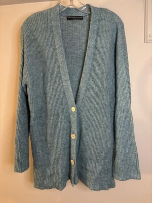 PERUVIAN CONNECTION Blue Ribbed Cardigan Sweater L Baby Alpaca Blend - Image 1 of 4