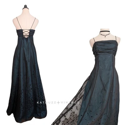 Vintage Morgan Co Prom Dress Maxi Gown 8 Green Teal Y2K Goth Corset Star Overlay - Image 1 of 4