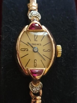 令人惊叹的复古女士 14K 浪琴表带红宝石和钻石,可正常工作! — 第 1/4 张图片