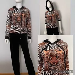 NWT WOMEN VELOUR TRACKSUIT 2PC SET PULLOVER/BLACK PANTS ANIMAL PRINT LOUNGEWEAR - Picture 1 of 10