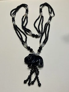 Halskette schwarzer Onyx geschnitzter Elefant mit Perlen und Perlen 32 Zoll - Bild 1 von 3