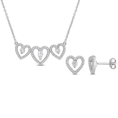 Conjunto de brincos e colar de coração de prata esterlina com topázio branco e diamante Amour - Imagem 1 de 4