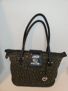 Vintage Brighton Sadie Black Tan Weave Straw Handbag Purse Tote Shoulder Bag