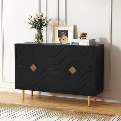 Black Modern Sideboard Cabinet 4 Doors Waterproof Storage Buffet Table - Image 1 of 4