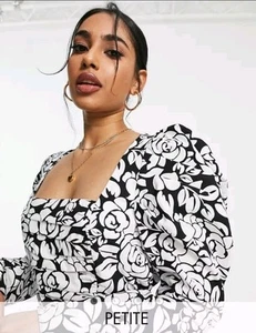Topshop Petite Graphic Floral Ruched Top in Monochrome. Size 12. - Picture 1 of 4