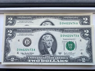 2x Consecutive $2 Two Dollar USA Bank Notes Bills 2003 D Block Unc! USA Set - Image 1 of 3