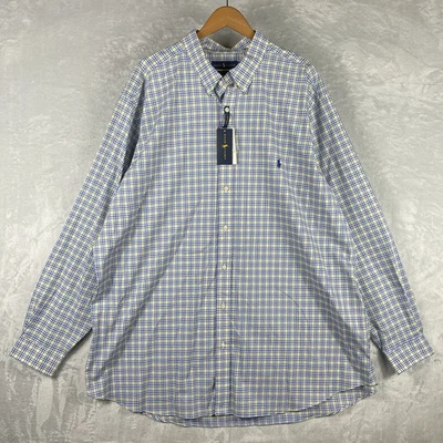 全新 Ralph Lauren 衬衫 男式 3XLT 高弹力黄色白色蓝色格子纽扣 — 第 1/4 张图片