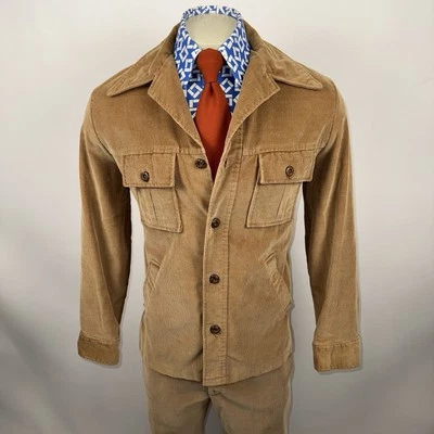 Vtg 60s 70s Leisure Suit Corduroy Mens 42 Jacket Coat 34 27 Pants Disco Haggar - Image 1 of 4