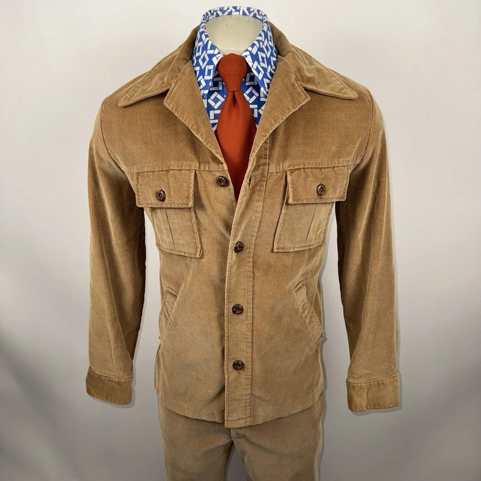 Vtg 60s 70s Leisure Suit Corduroy Mens 42 Jacket Coat 34 27 Pants Disco Haggar - Image 1 of 4